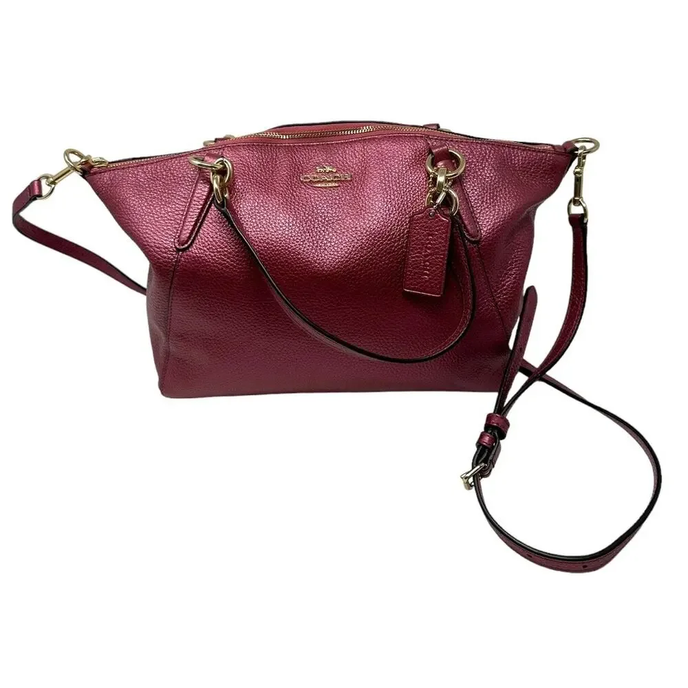 Coach Pebbled Leather Satchel Crossbody Bag Metallic Burgundy Gold Hardware